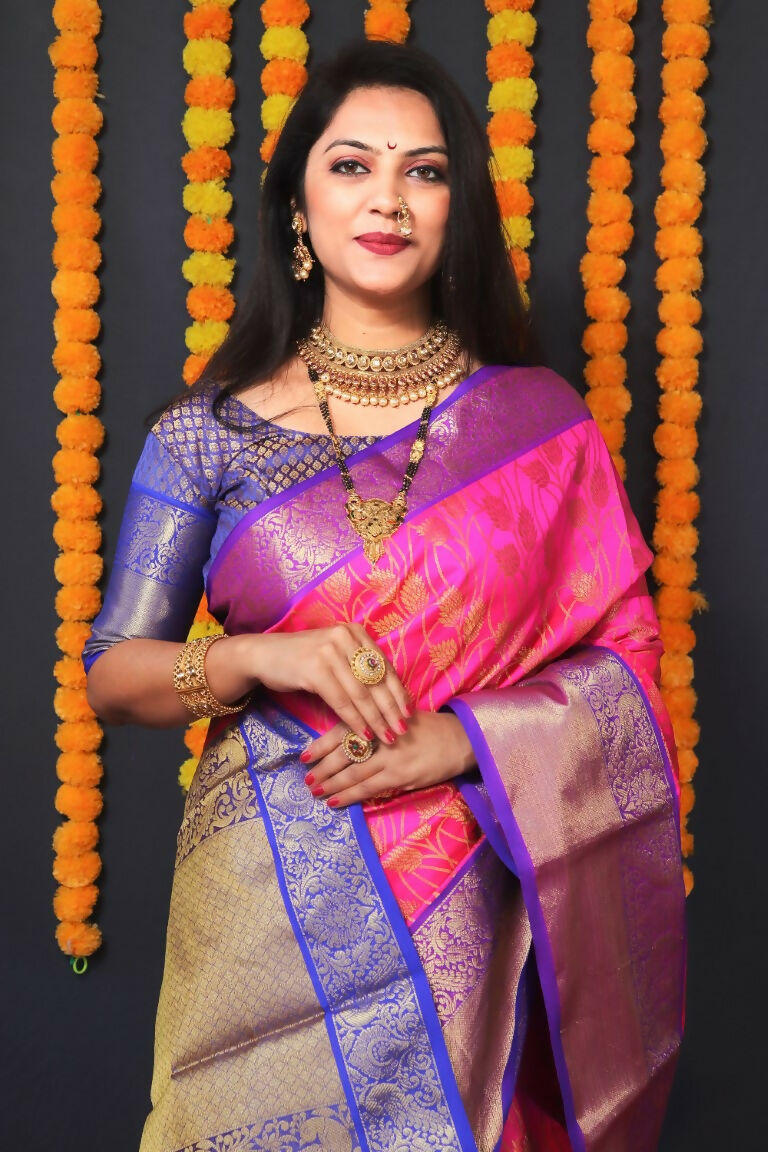Jyoti Fashion Women's Pink Kanjivaram Silk Zari Woven Saree with Blouse | Swadesiicart
