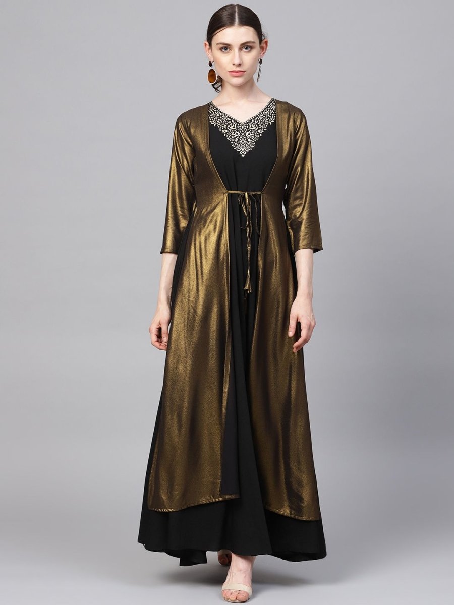 Ahalyaa Women's Black Crepe Dress with Attached Jacket | Swadesiicart