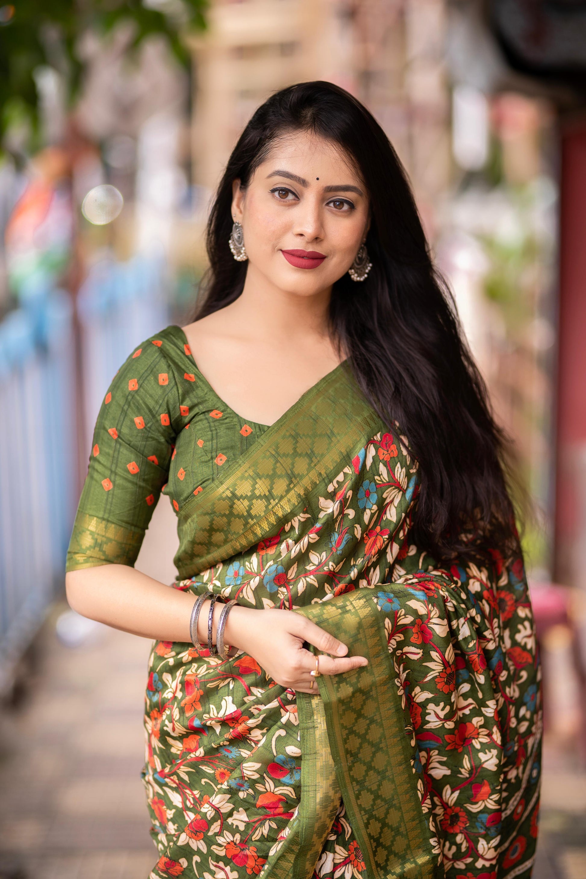 Mehndi Slub Silk Printed Saree with Unstitched Blouse - Hiral Fashion | Swadesiicart