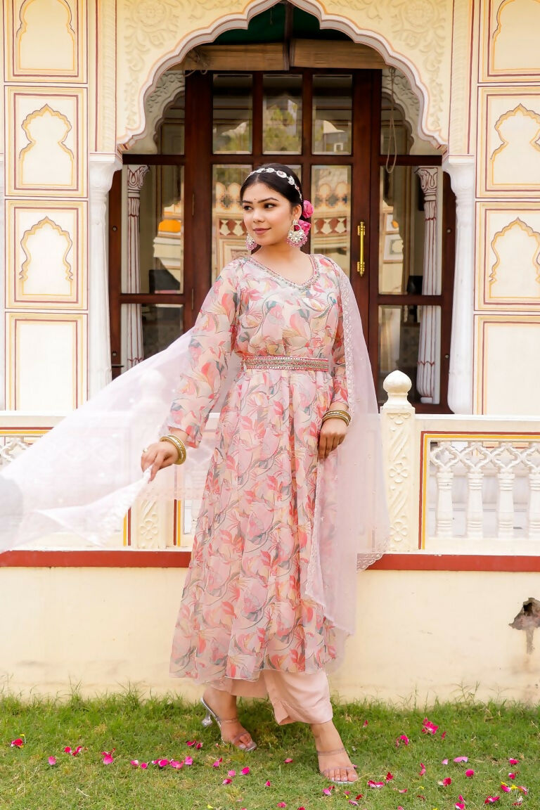 Vaasva Women White Organza Floral Print & Embroidered Anarkali Kurta, Pant & Dupatta set | Swadesiicart