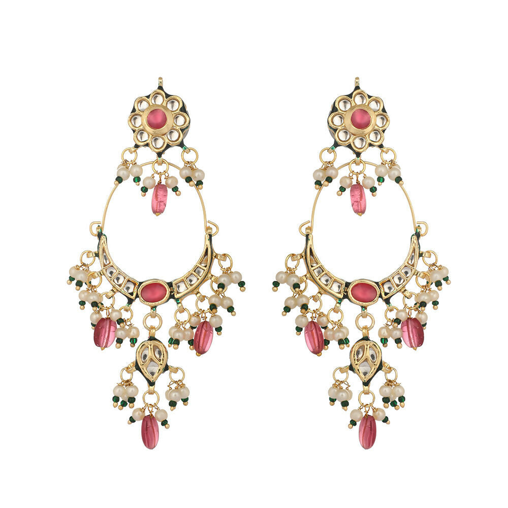 Nuyug 22K Gold Plated Crescent Kundan Drop Pink Stone Chandbali Earrings | Swadesiicart
