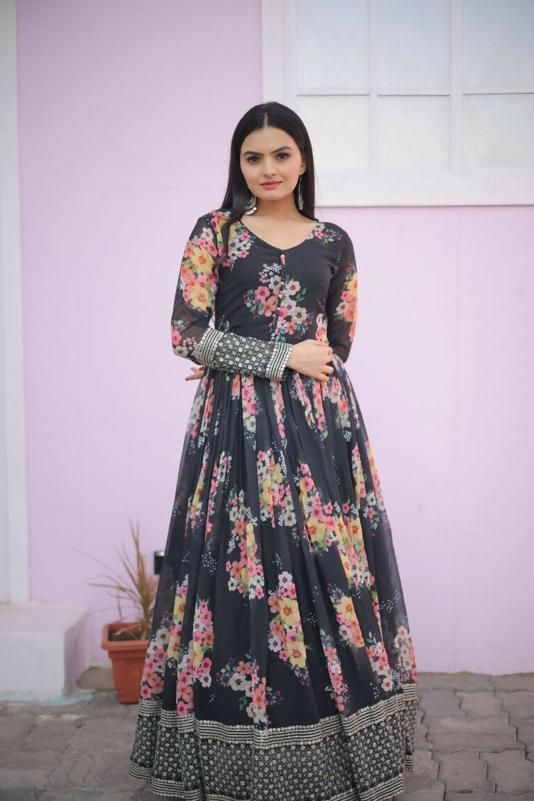 Jyoti Fashion Women's Black Digital Print with Sequence Zari Embroidered Faux Georgette Anarkali Dress | Swadesiicart