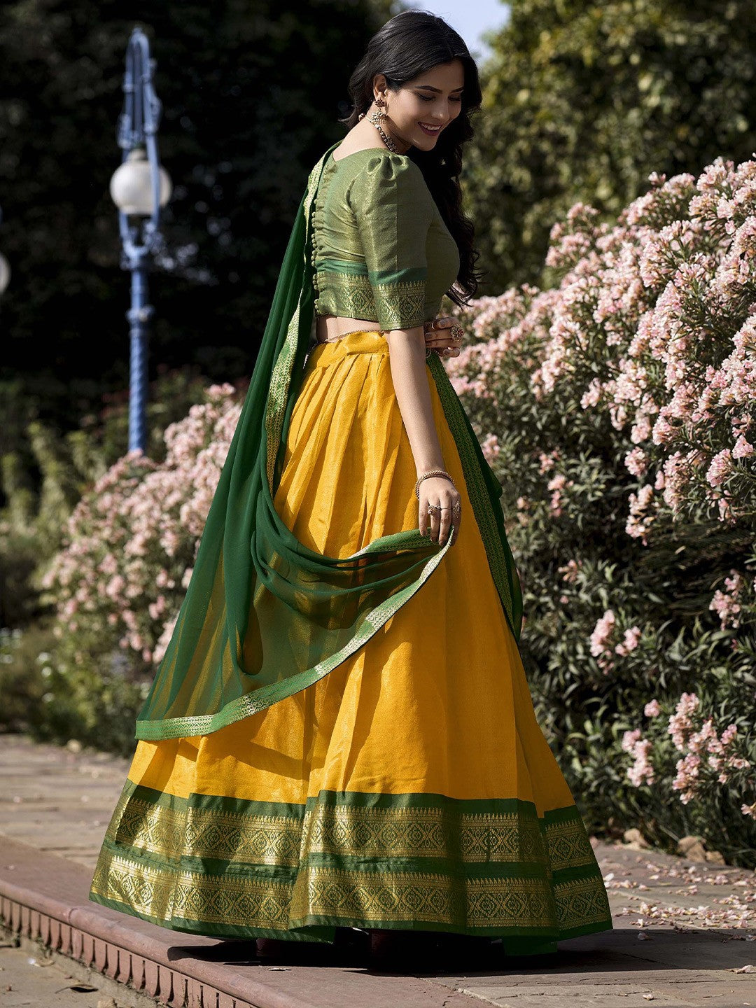Lorenvalley Yellow Kanchipuram Zari Weaving Work Lehenga Choli with Dupatta | Swadesiicart