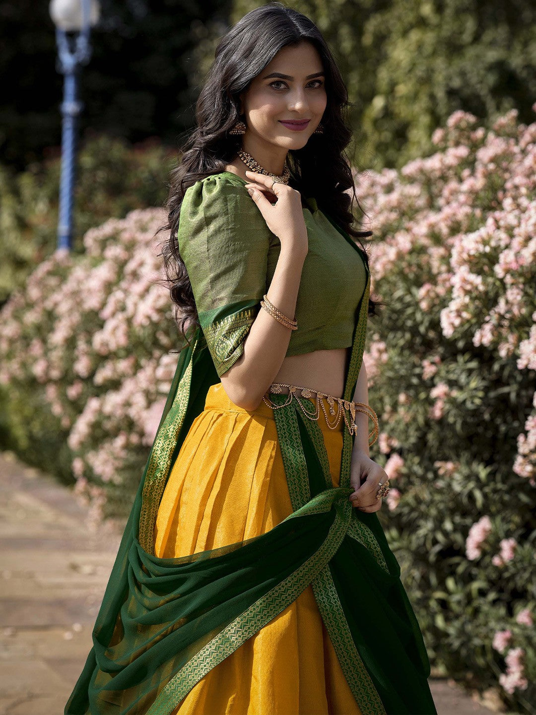 Lorenvalley Yellow Kanchipuram Zari Weaving Work Lehenga Choli with Dupatta | Swadesiicart