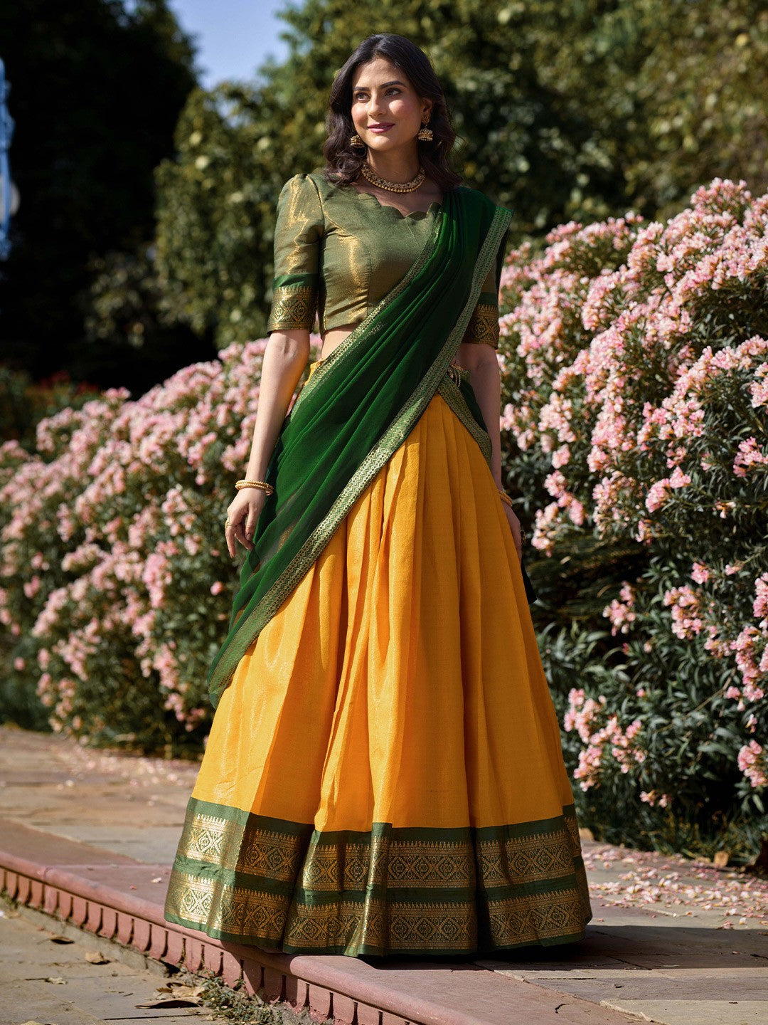 Lorenvalley Yellow Kanchipuram Zari Weaving Work Lehenga Choli with Dupatta | Swadesiicart