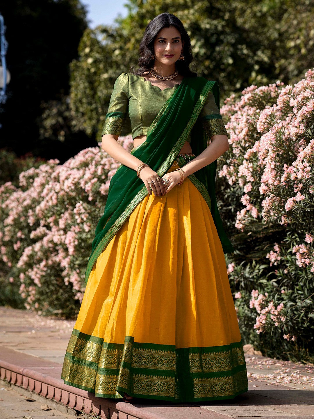 Lorenvalley Yellow Kanchipuram Zari Weaving Work Lehenga Choli with Dupatta | Swadesiicart