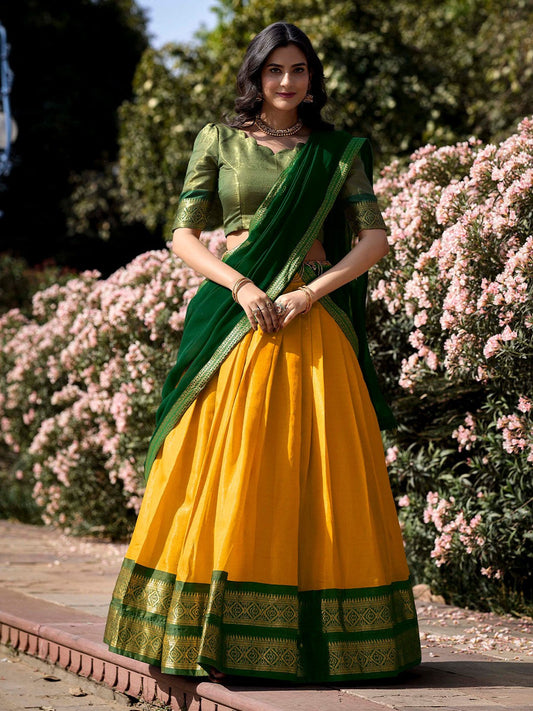 Lorenvalley Yellow Kanchipuram Zari Weaving Work Lehenga Choli with Dupatta | Swadesiicart