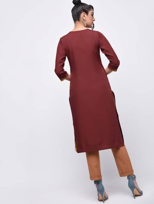 Aniyah Crepe Color Block Straight Brown Kurta (AN-139K) - Swadesiicart