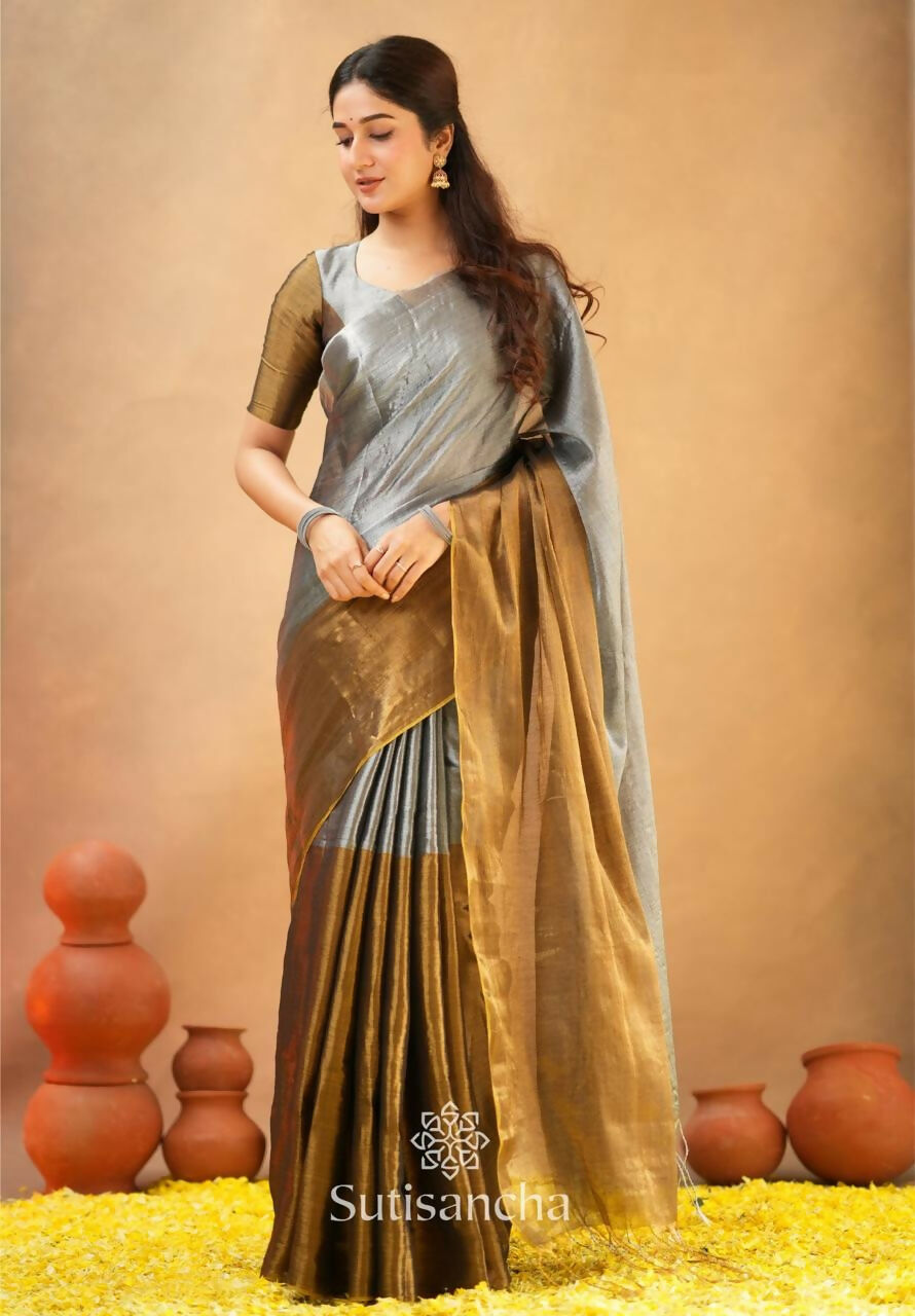 Exclusive Collection Beautiful Gray Copper Tissue Silk Hand Weaving Handloom Saree With Running Blouse Piece - Swadesiicart