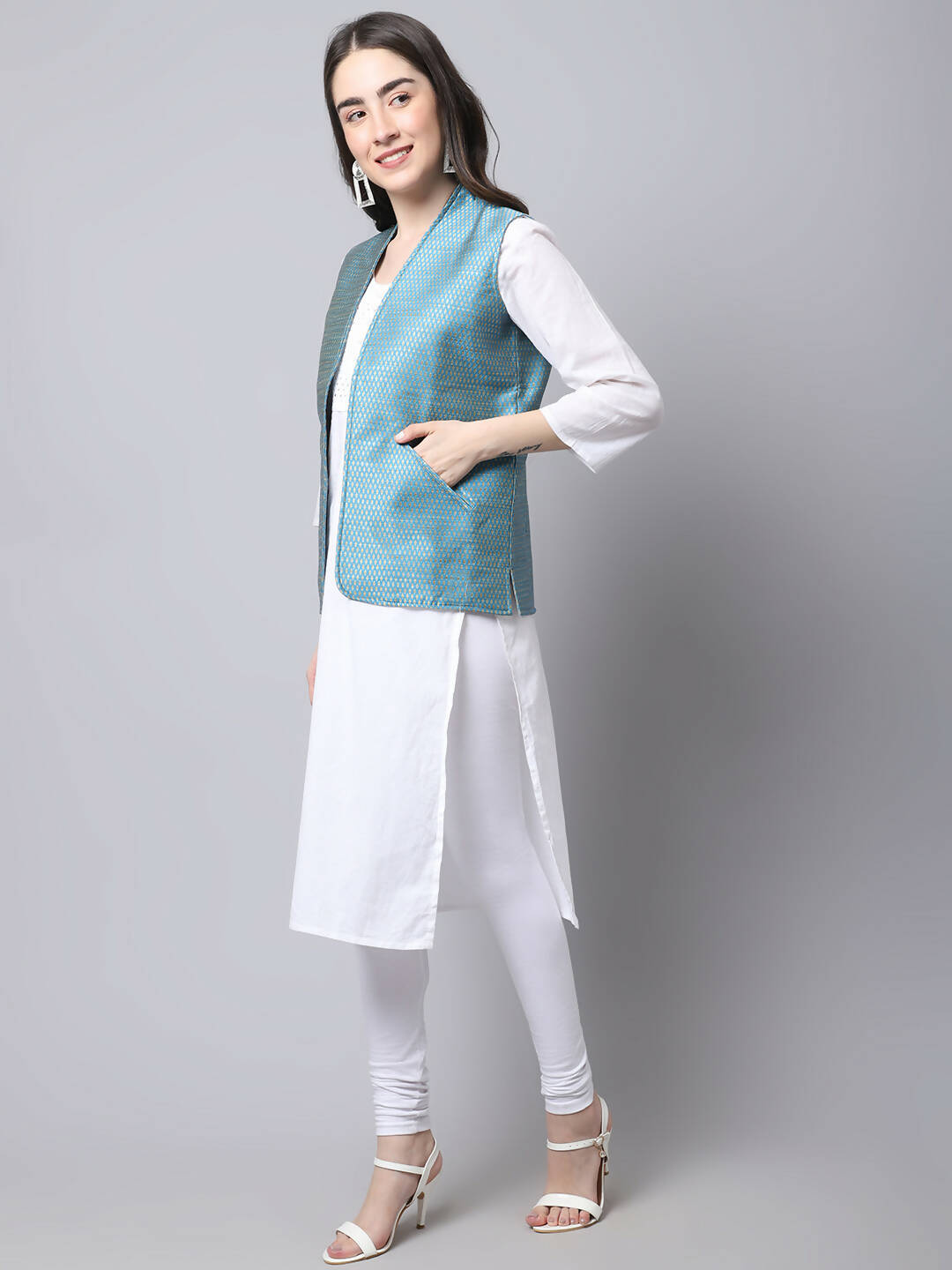 Even Apparels Blue Bansari Silk Open Front Gillet | Swadesiicart