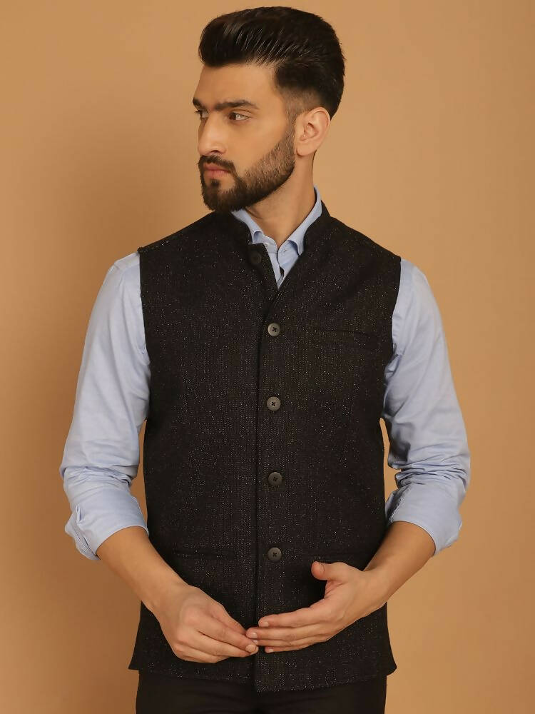 Even Apparels Pure Wool Nehru Jacket - Black | Swadesiicart
