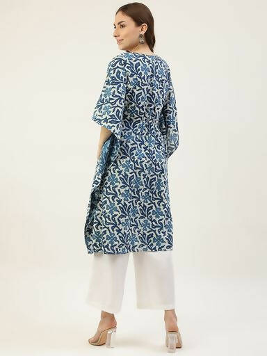 FIORRA Women's Printed Pure Cotton Kaftan Kurta - Blue - Swadesiicart