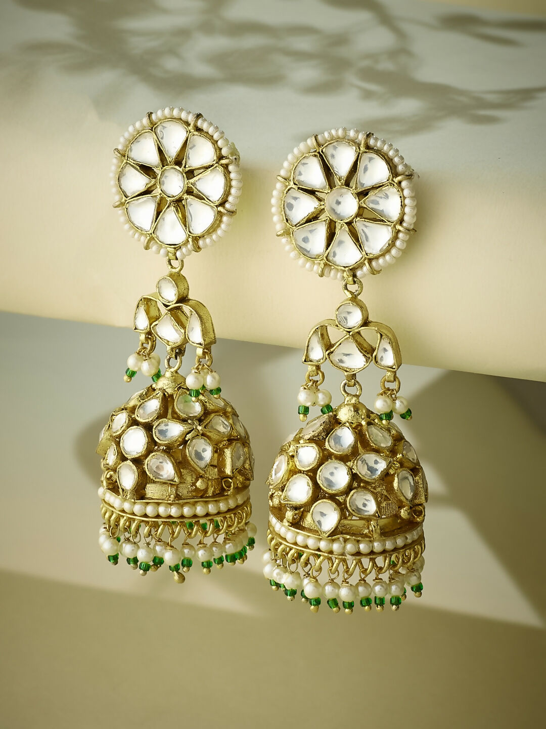 Nuyug 22K Gold-Plated Kundan Stone Studded & Pearl Beaded Dome Shaped Jhumkas | Swadesiicart