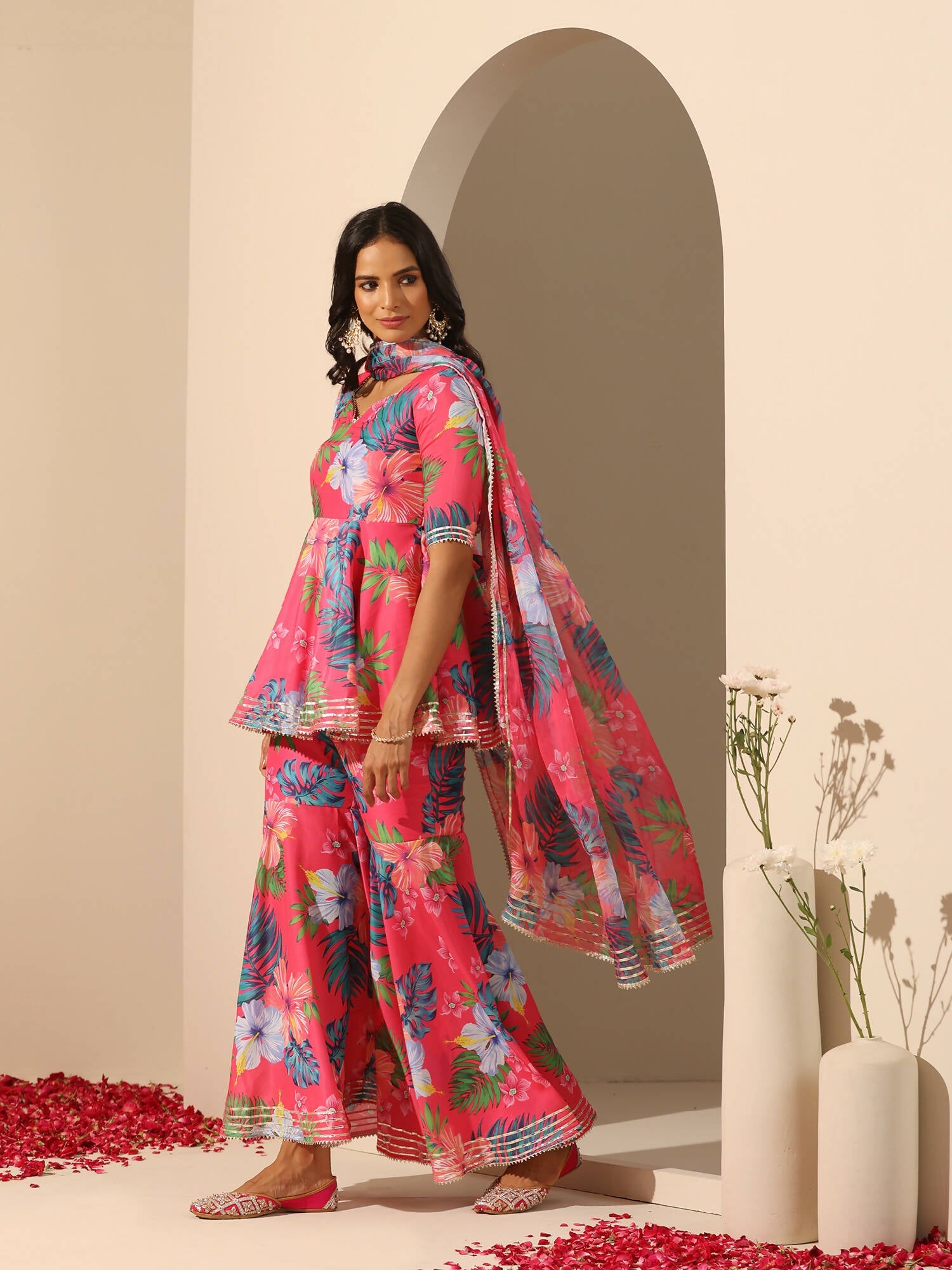 Pomcha Jaipur Pink Gul Qudrat Sharara Set | Swadesiicart