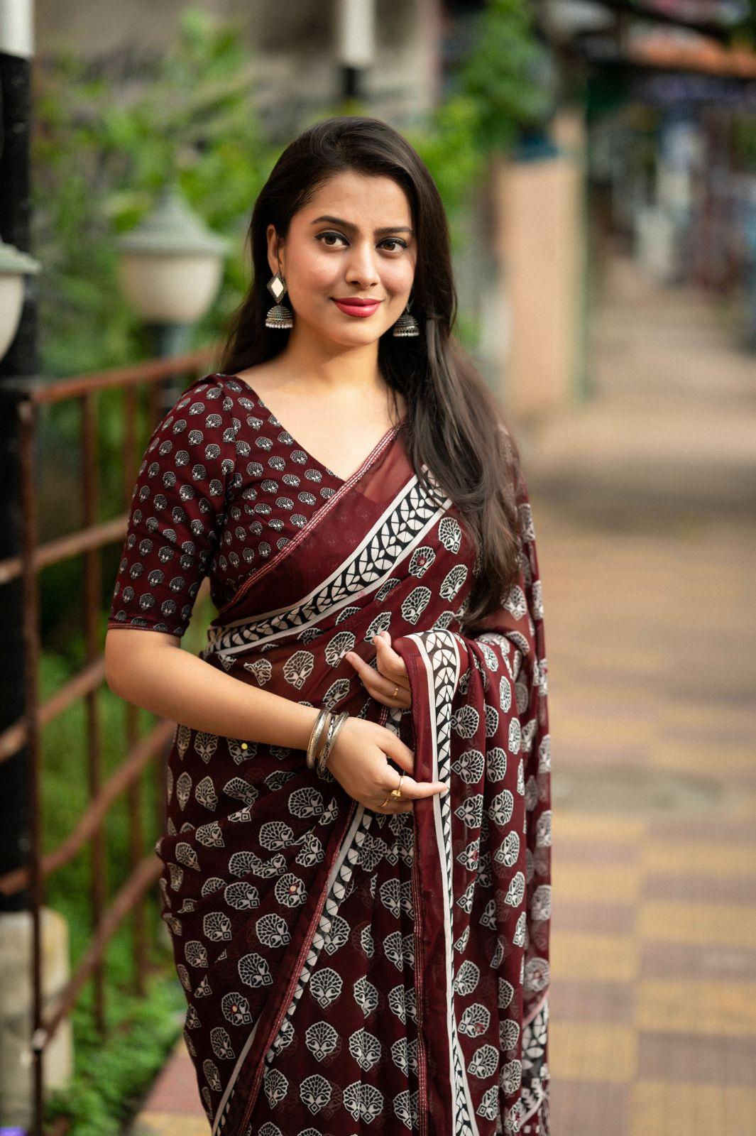 Maroon Poly Georgette Ajrak Saree with Unstitched Blouse - Hiral Fashion | Swadesiicart