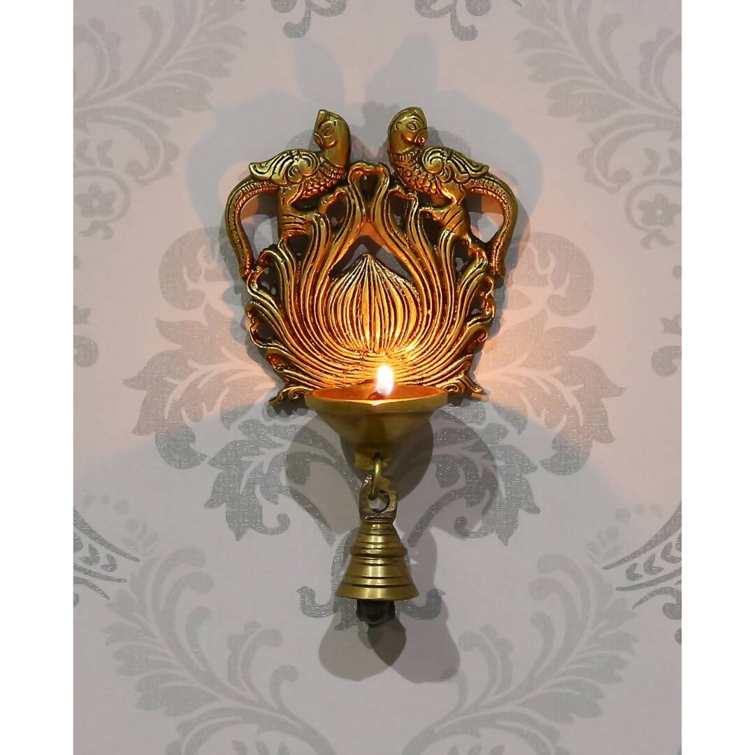 eCraftIndia Gold-Toned Handcrafted Antique Finish Diya with Bells Decorative Wall Hanging Showpiece | Swadesiicart
