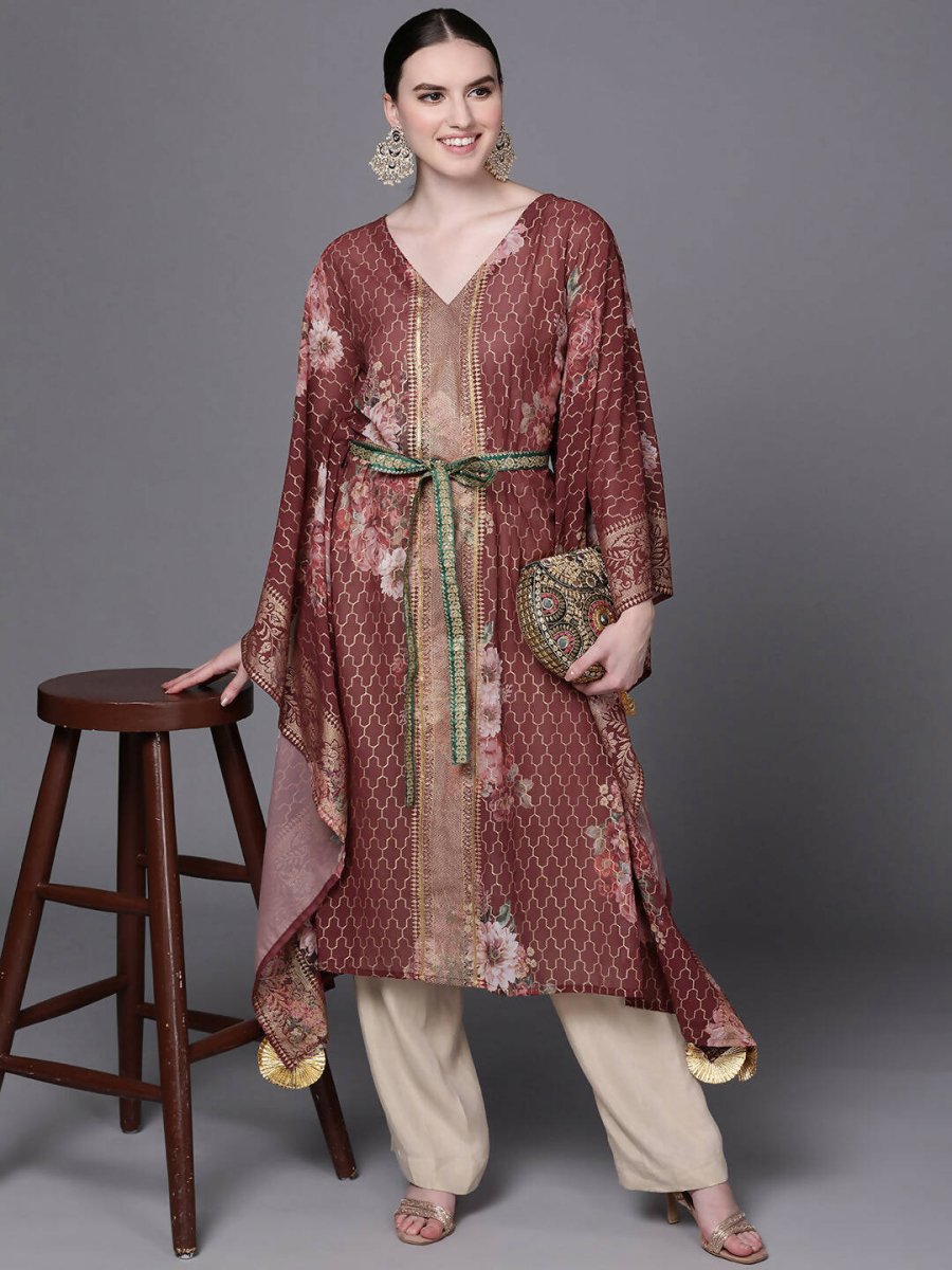Ahalyaa Women Maroon Floral Printed Flared Sleeves Kaftan Kurta | Swadesiicart