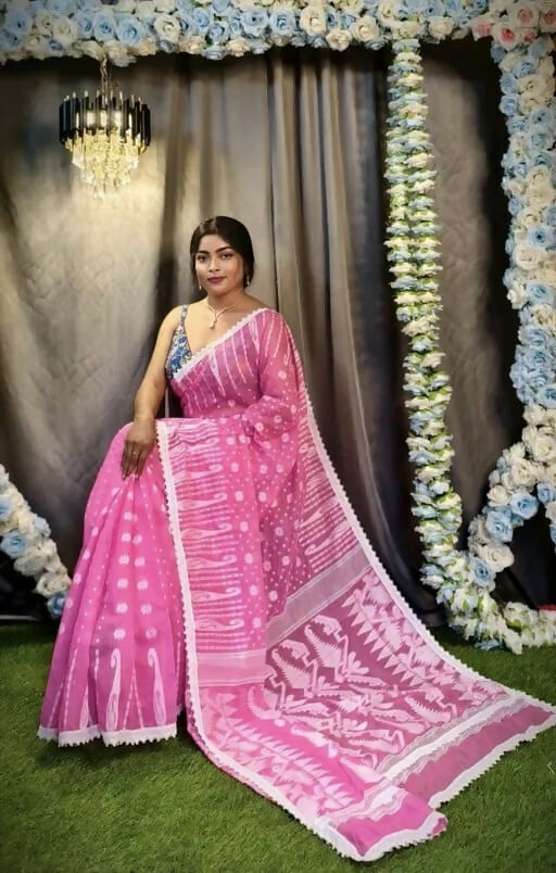 Exclusive Collection Beautiful Light Pink Jaal Jamdani Saree - Swadesiicart