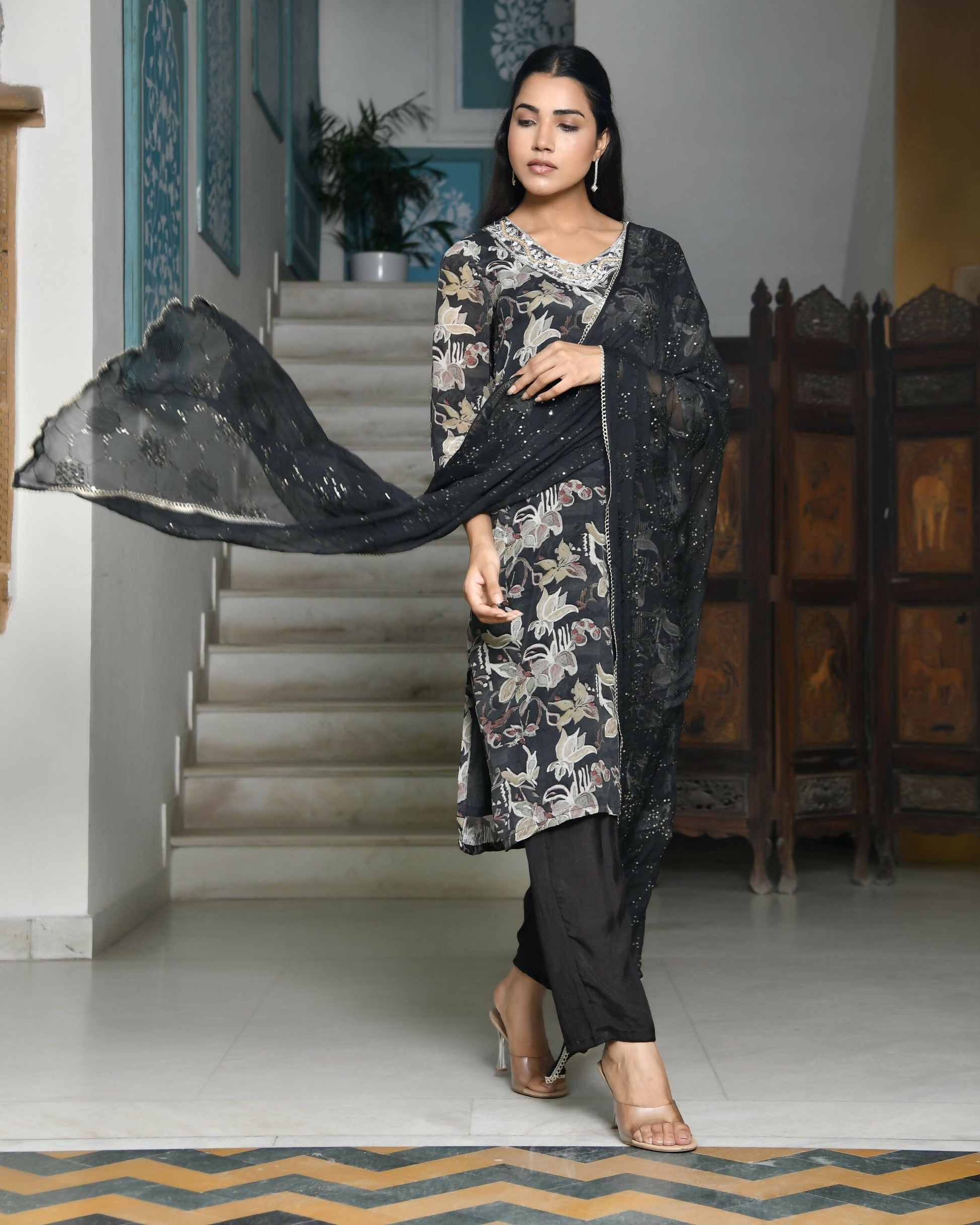 Vaasva Women's Black Crepe Embroidered Suit Set | Swadesiicart