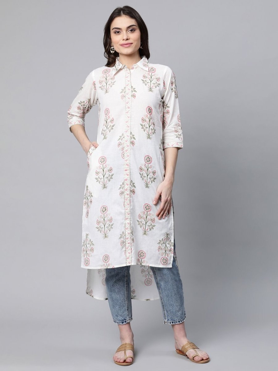 Ahalyaa Women's Off White Pure Cotton Floral Printed Kurta | Swadesiicart