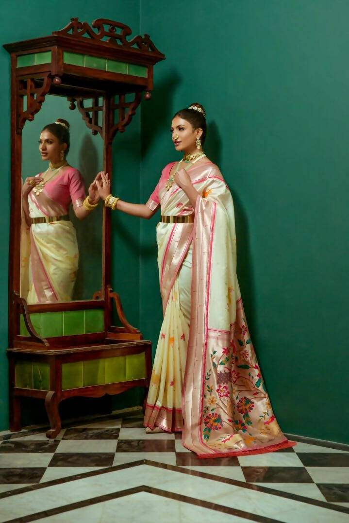 Vishnu Weaves Women's Cream Paithani Silk Zari Woven Saree with Unstitched Blouse - Swadesiicart