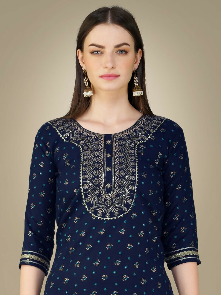 Jyoti Fashion Women's Navy Blue Cotton Magic Slub Embroidery & Sequence work Kurta with Trouser & Dupatta | Swadesiicart