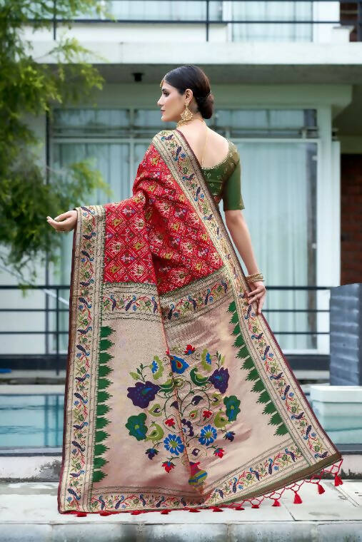 Vishnu Weaves Women's Red Paithani Patola Silk Zari Woven Saree with Unstitched Blouse - Swadesiicart