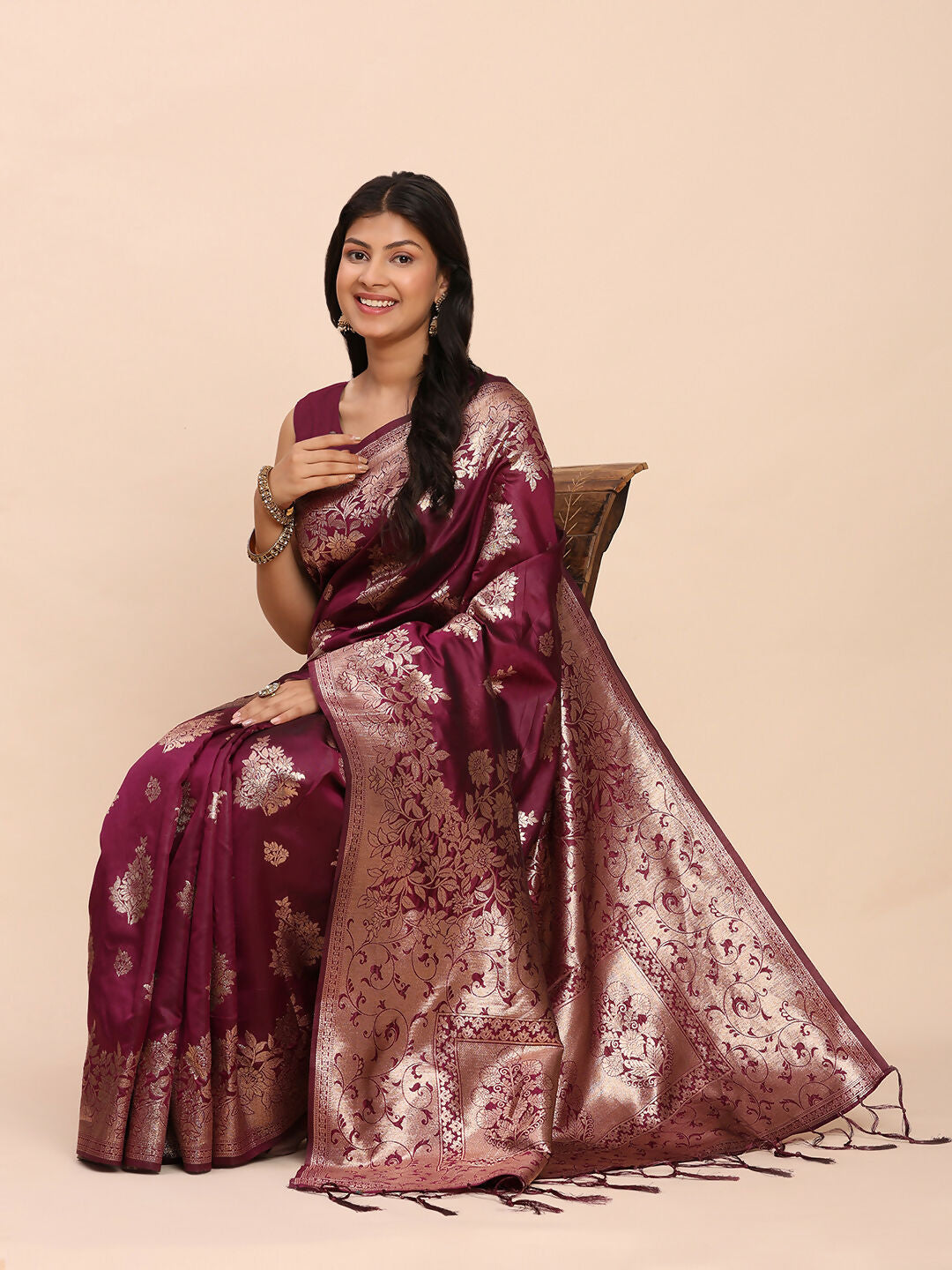 Astita Banarasi Silk Purple Saree | Swadesiicart