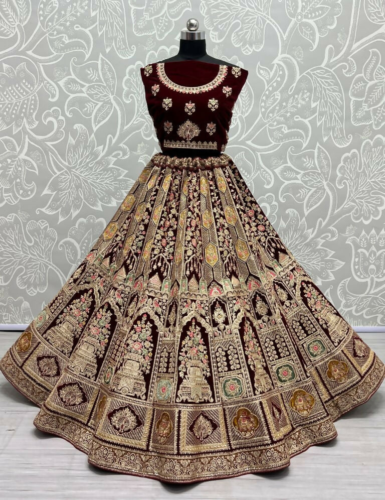 Jyoti Fashion Women's Maroon Velvet Dori, Multi Thread Embroidered with Diamond Work Wedding Lehenga Choli | Swadesiicart