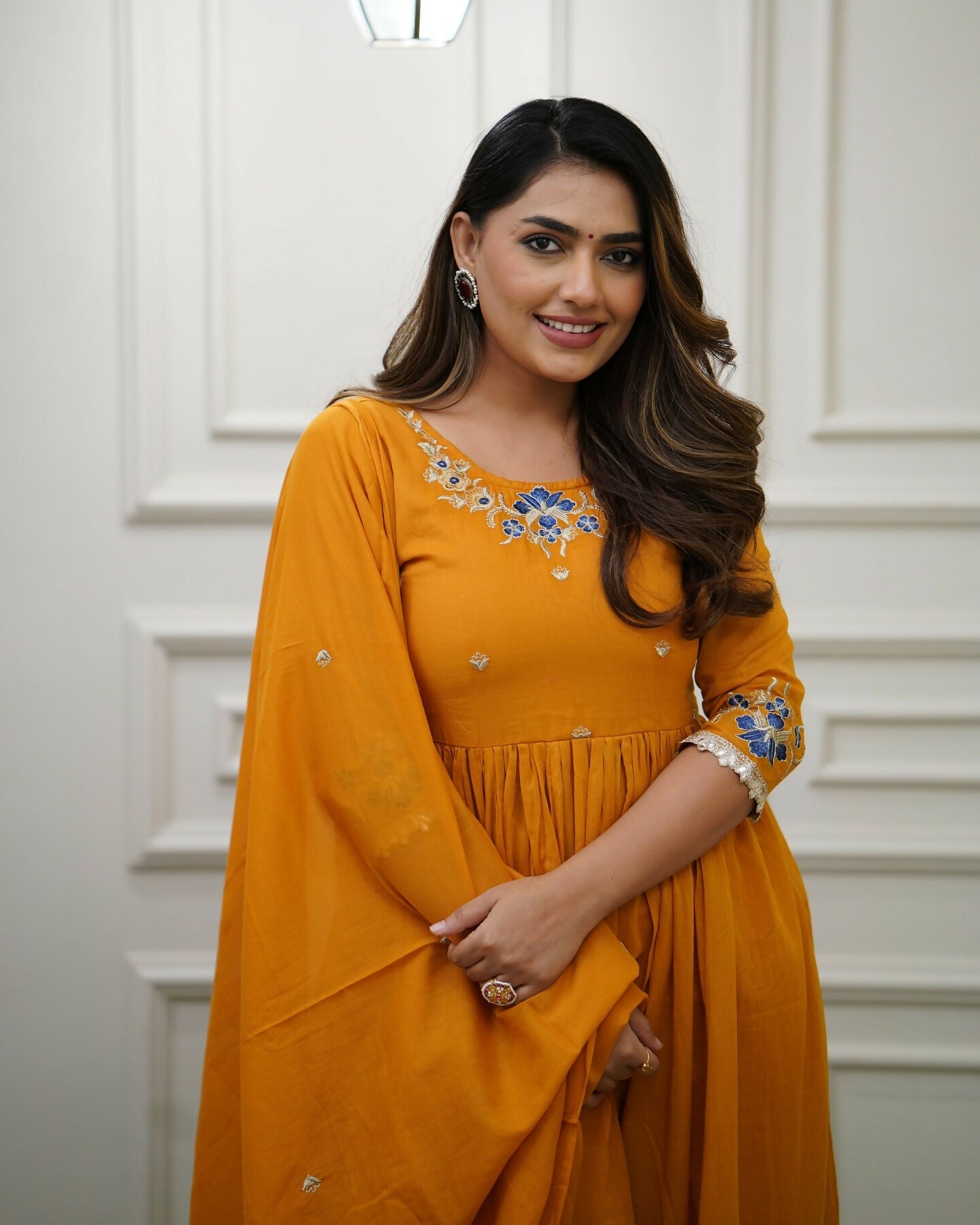 The52 Orange Women's Gorgeous Viscose Fabric Embroidered Work Flared Kurta Pant and Dupatta Set - Swadesiicart