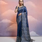 Vishnu Weaves Women's Navy-Blue Handloom Raw Silk Woven Border Saree with Blouse - Swadesiicart