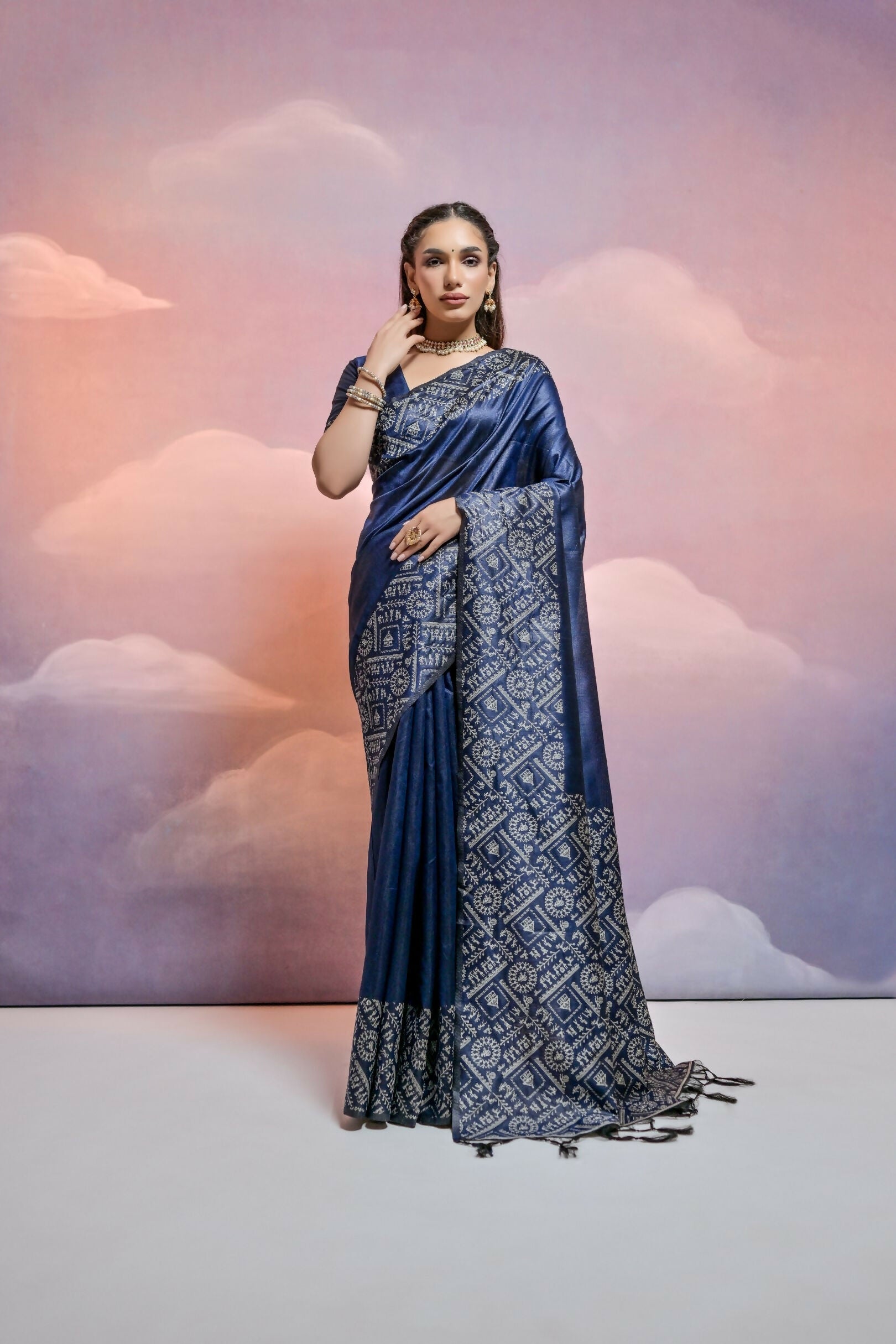 Vishnu Weaves Women's Navy-Blue Handloom Raw Silk Woven Border Saree with Blouse - Swadesiicart