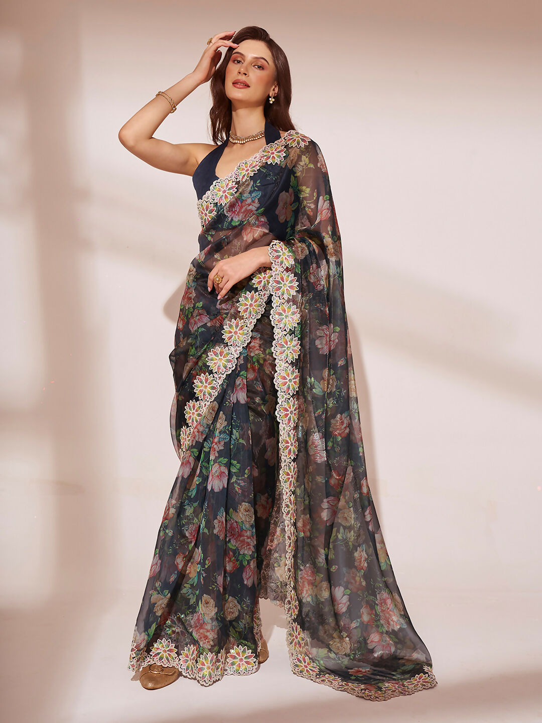 Black Jimmy Choo Designer Work Lace Border & Swarovski Work Saree - Orchid