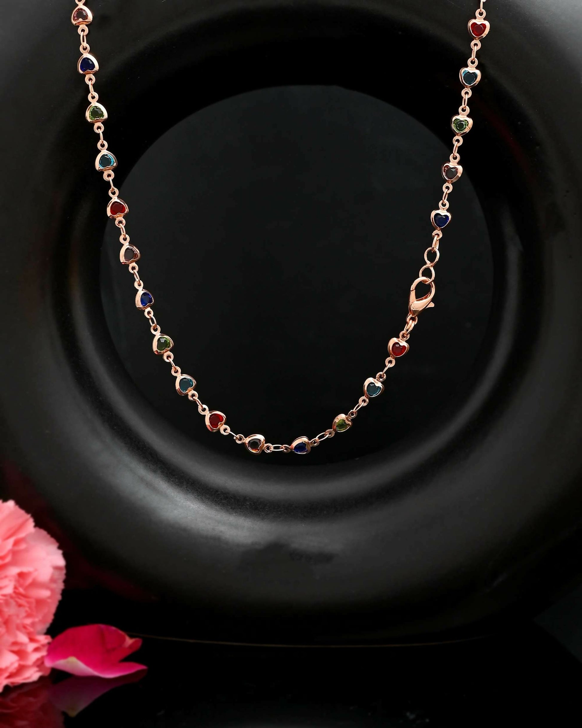 VOJ Gold-Polished Chain For Women With Multi Colour Hearts | Swadesiicart