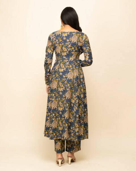 FIORRA Women's Navy Blue Cotton A-Line Kurta Pant With Dupatta - Swadesiicart