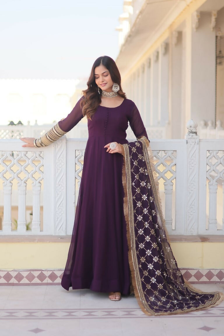 Jyoti Fashion Women's Wine Faux Blooming Sequins Zari Embroidered Anarkali Dress with Dupatta | Swadesiicart
