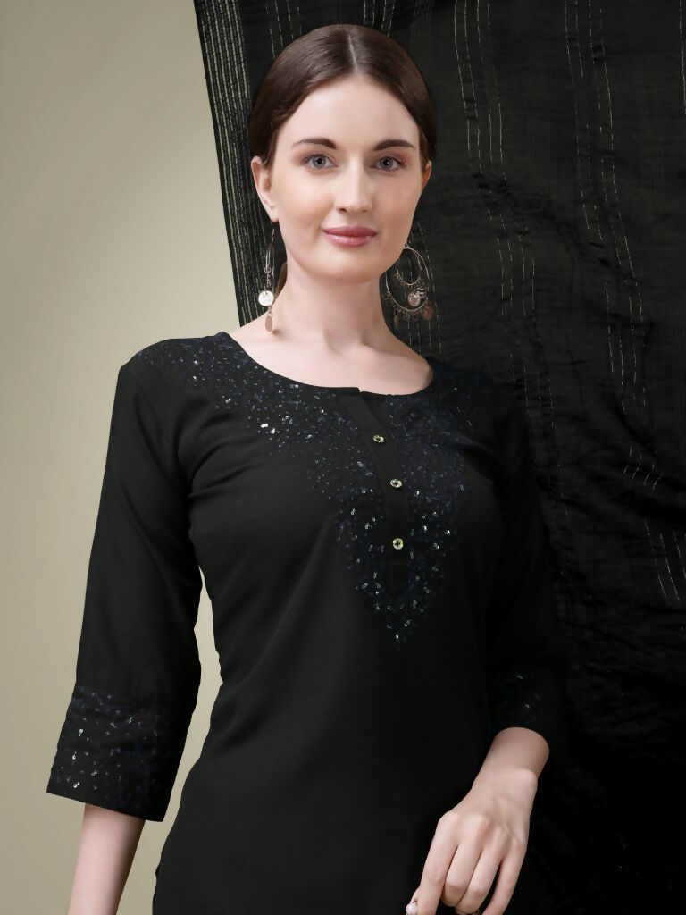 Jyoti Fashion Women's Black Cotton Blend Embroidery & Sequence work Kurta with Trouser & Dupatta | Swadesiicart