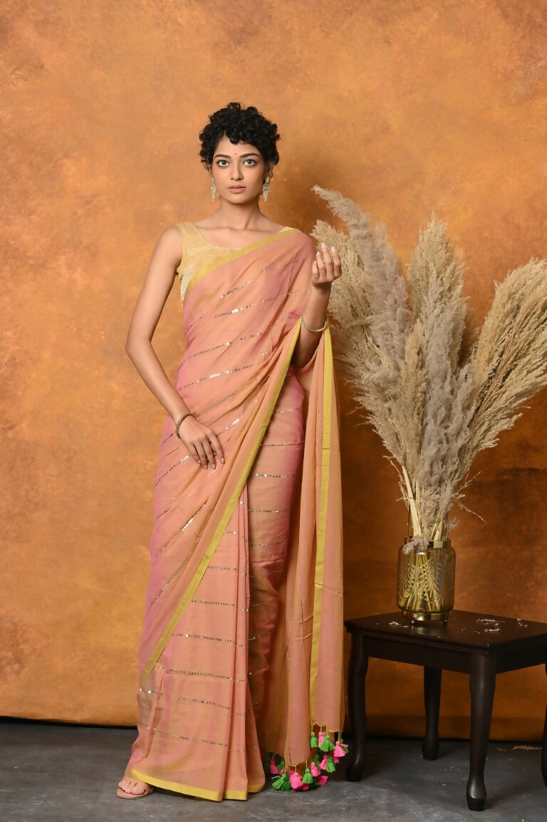 Very Much Indian Designer Mul Cotton Handloom Saree with Sequins - Peach | Swadesiicart