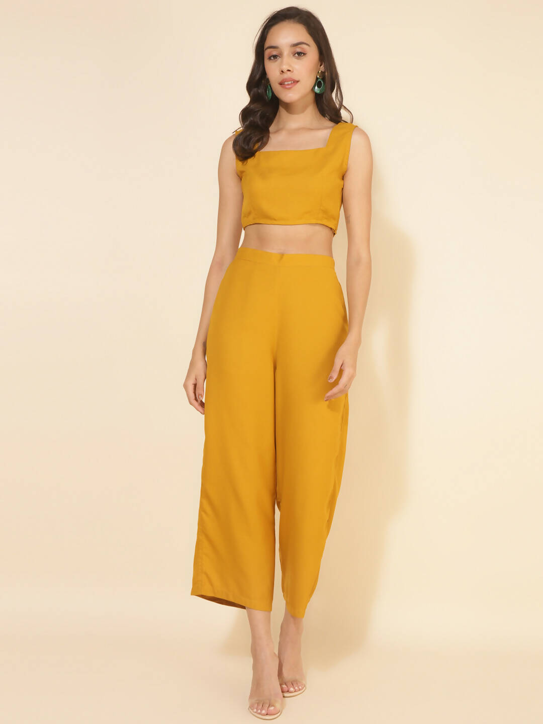 Janasya Women's Mustard Moss Solid Festive Crop Top Set | Swadesiicart
