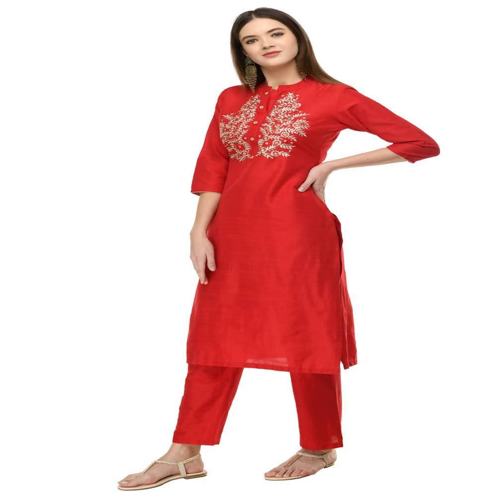 Lagi Women's Red Poly silk Straight Embroidred Kurta & Pant (RO116B) | Swadesiicart