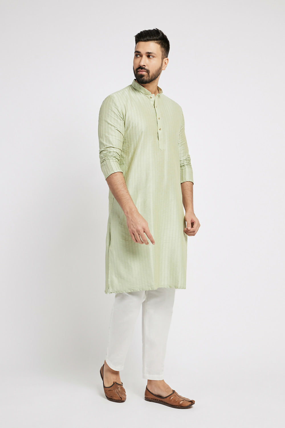 Ethnic India Green Men's Kurta Striped Polyester | Swadesiicart