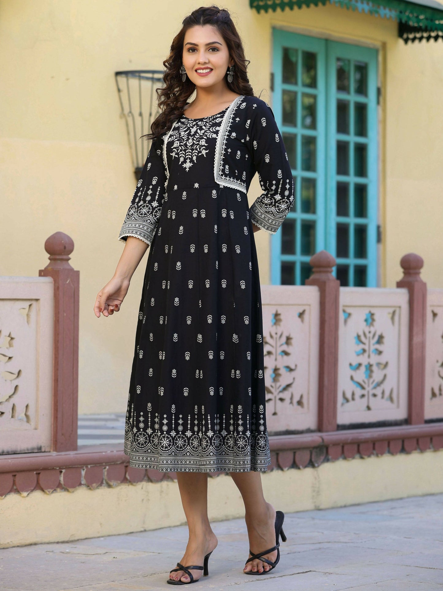 Juniper Women's Black Printed Anarkali Flared Dress | Swadesiicart