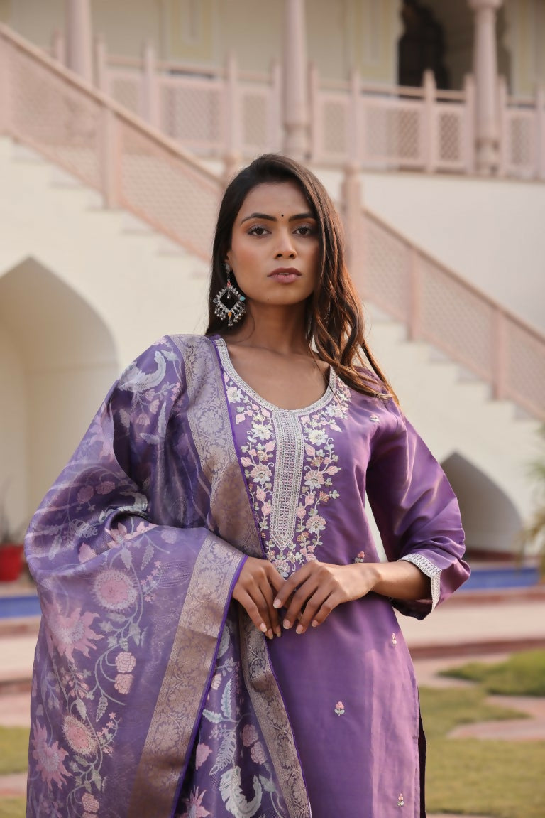 Jyoti Fashion Women's Purple Simmer Silk Floral Print with Embroidered Kurta Set | Swadesiicart
