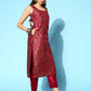 Ahalyaa Women's Wine Poly Silk Gold Paste Printed Kurta Pant Set | Swadesiicart