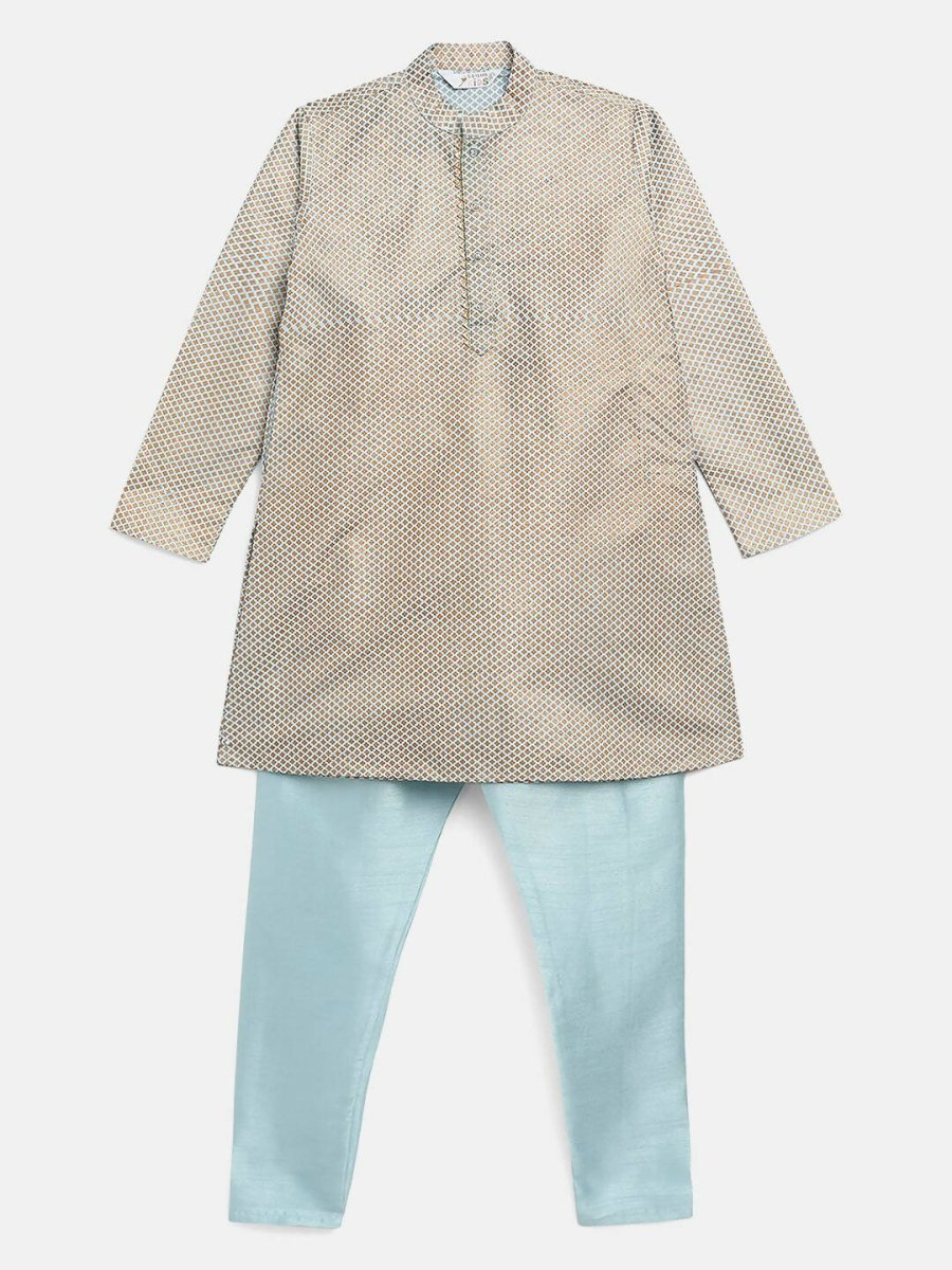 Ahalyaa Powder Blue Poly Silk Gold Print Kids Kurta Churidar Set For Boys | Swadesiicart