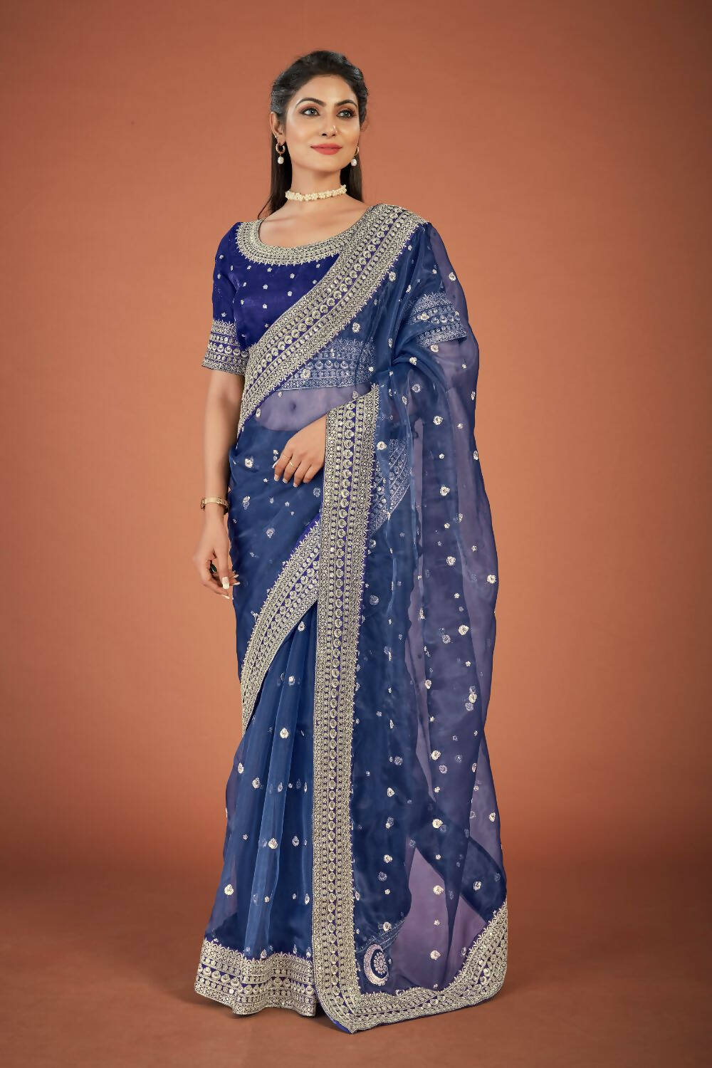 Vamsee Navy Blue Organza Saree - Swadesiicart