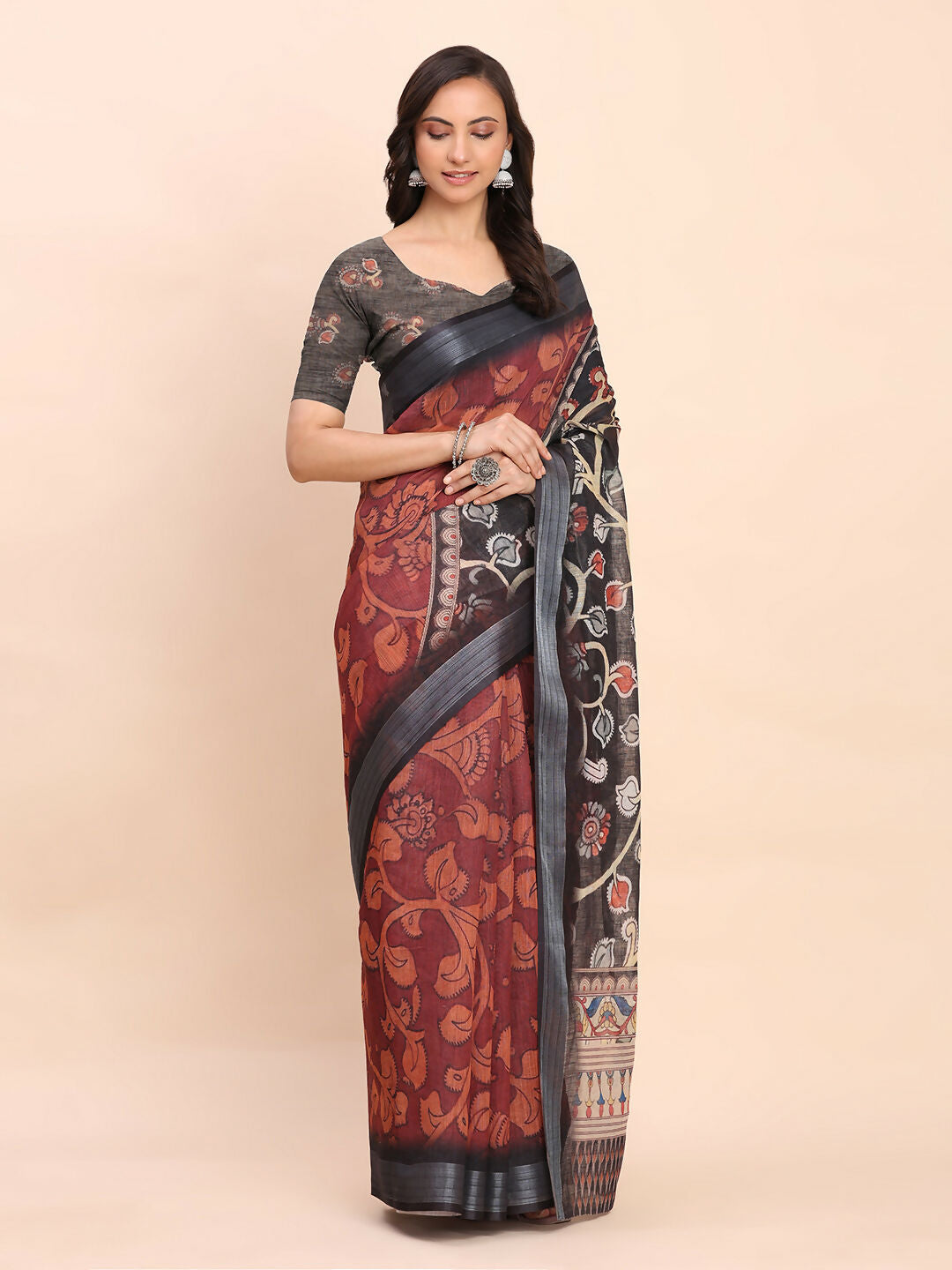 Shree Shyam Fashion Linen Cotton Maroon Saree