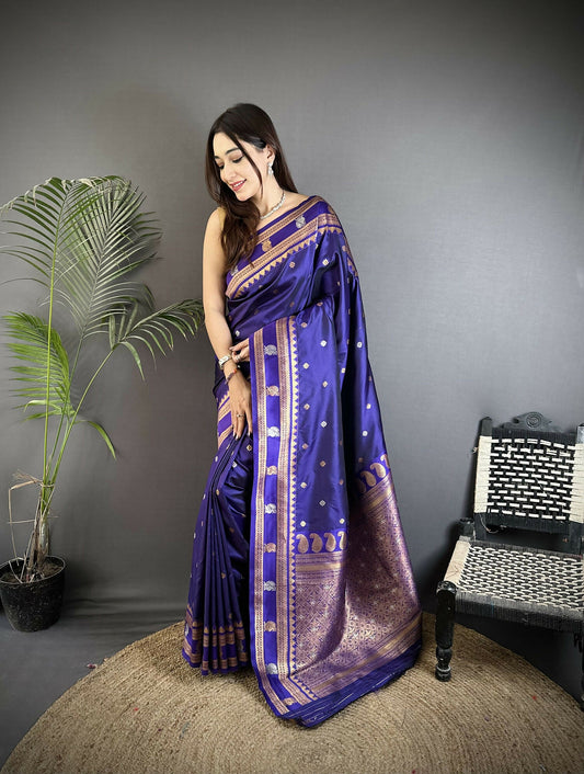 Joban Fashion Navy Blue Banarasi Soft Silk Woven Saree | Swadesiicart