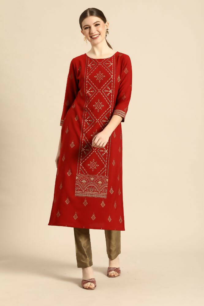 Janasya Women's Rust Crepe Ethnic Motifs Casual Straight Kurta | Swadesiicart