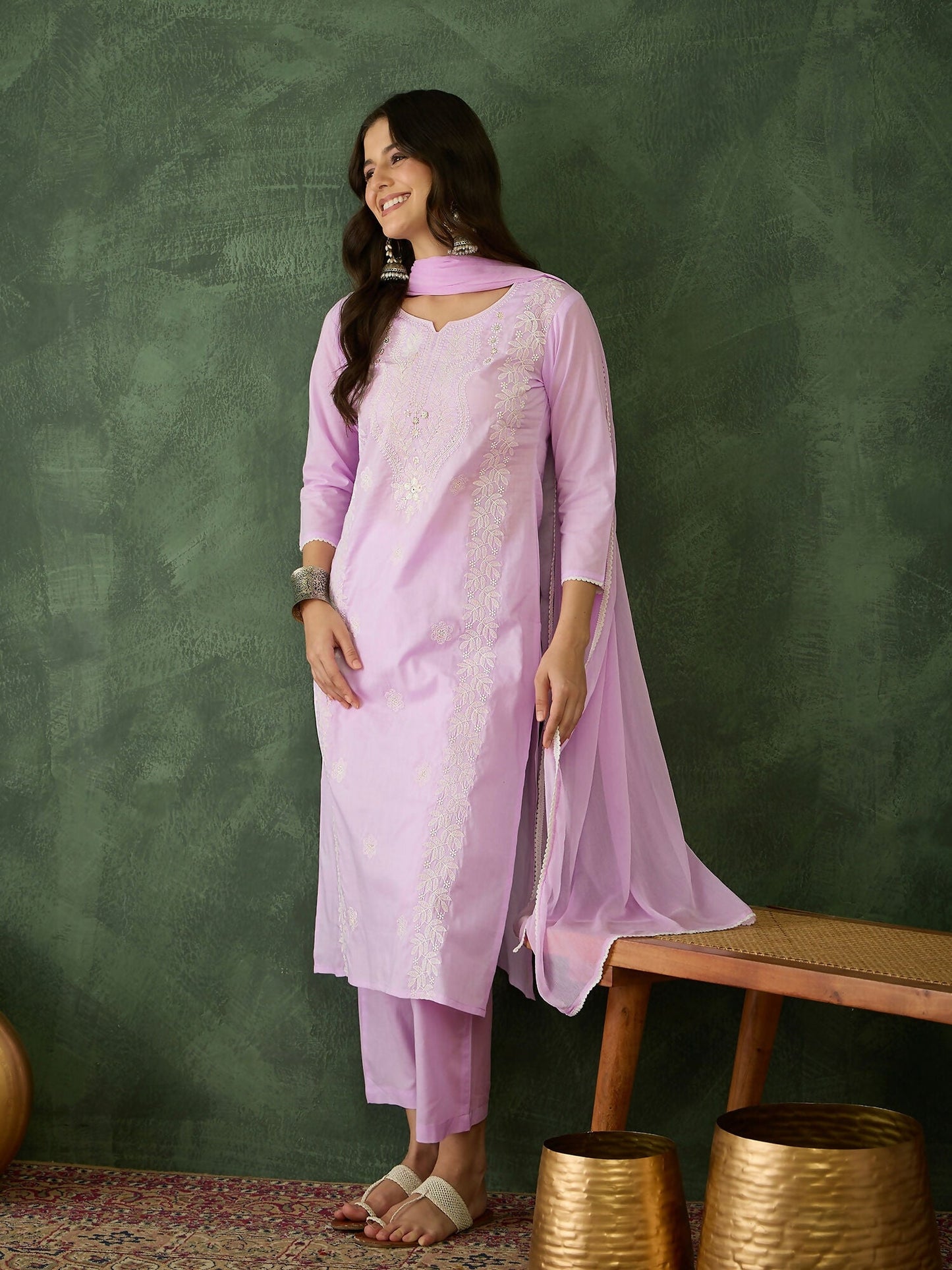 The52 Purple Women's Gorgeous Cotton Blend Fabric Thread Work Straight Kurta, Pant and Dupatta Set - Swadesiicart